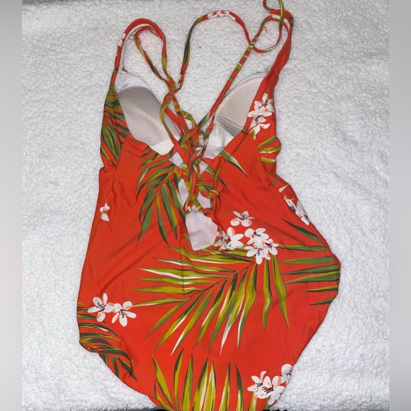 Kona Sol Orange Hawaiian Print One Piece Swimsuit - Picture 2 of 4